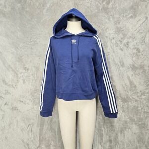Adidas Womens Blue Cropped Hoodie 3-Stripe Trefoil Logo M Streetwear Athleisure